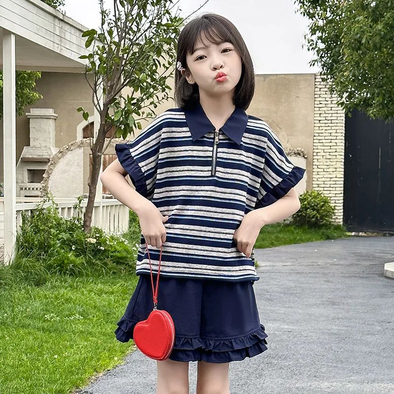 

Teenager Girls Short Sleeve Polo Suits for Kids Summer Top and Bottom Set Stylish Children Casual Striped 2 Pieces Clothing Set