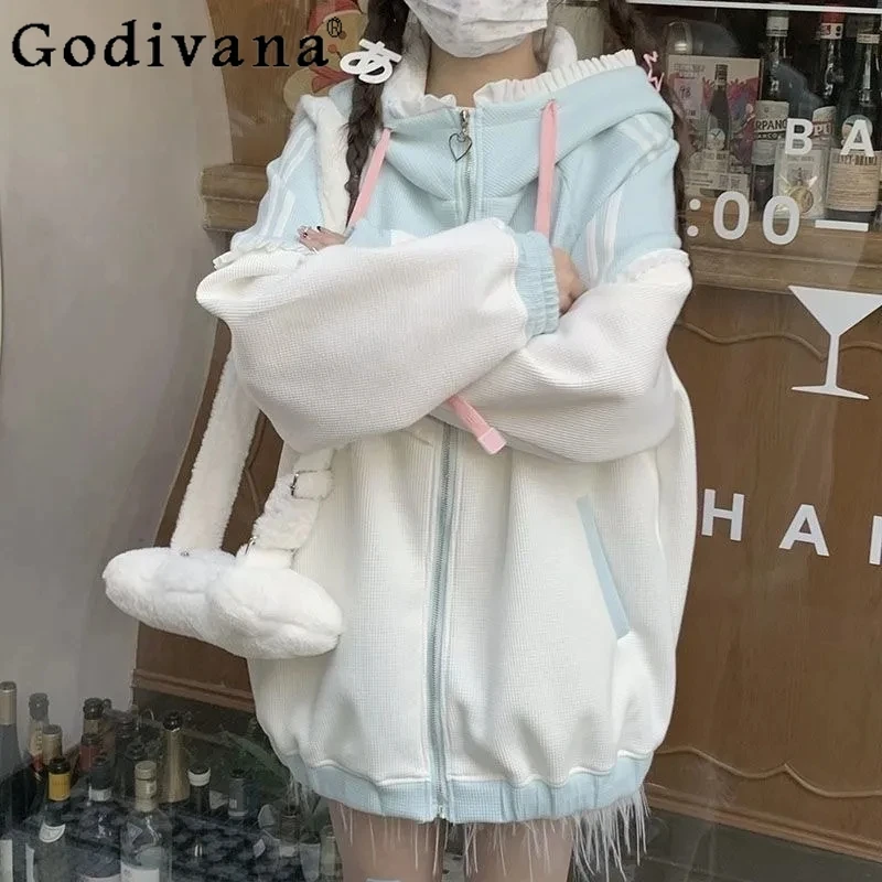 

Japanese Style Cute Hooded Zipper Sweatshirt for Women Autumn Winter Fleece Loose Hoodies Female College Style Sweatshirts