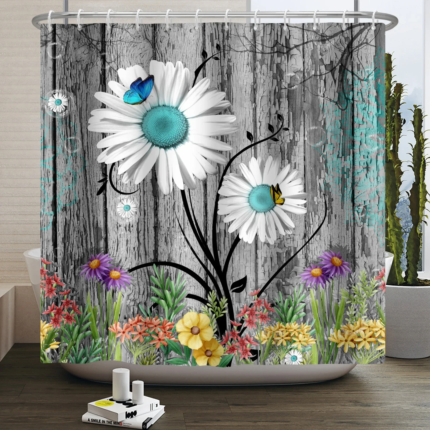 Rustic Sunflower Daisy Shower Curtain Butterfly Floral Vintage Country Farmhouse Flower Wooden Board Waterproof Bathroom Curtain