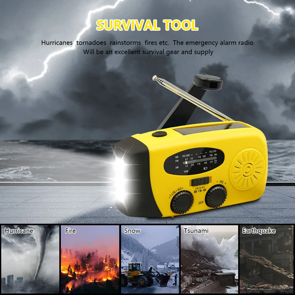 Emergency Portable Radio 2000mAh Solar Hand Crank Cell Phone Charger AM/FM Radio LED Flashlight Outdoor Indoor Light Night