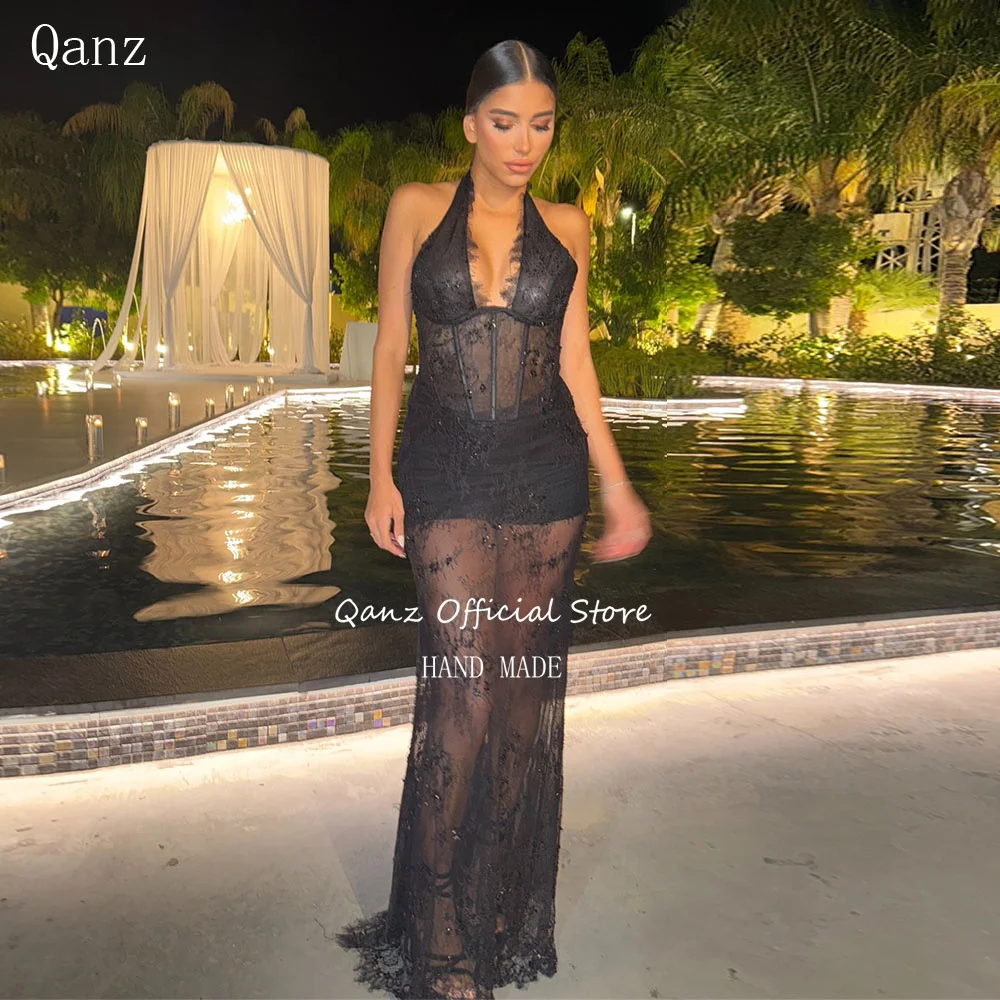 

Qanz Mermaid Evening Dresses Black Lace Appliques Illusion Elegant Dresses For Special Event Halter Neck Party Gown Customized