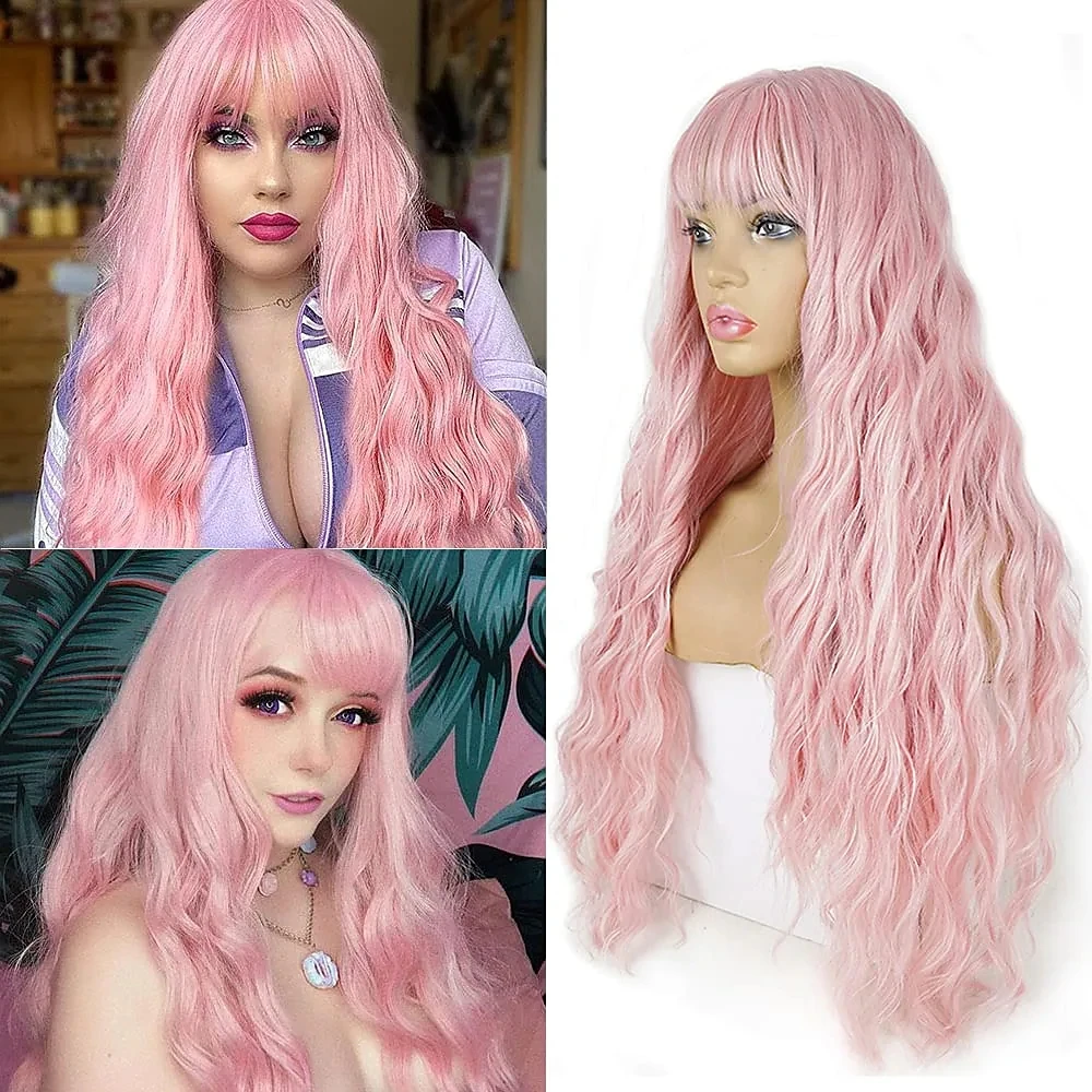 Pink Wig with Bangs Long Wavy Wigs for Women Soft Women's Curly Synthetic Wig Replacement Halloween Costumes Cosplay Party Wigs
