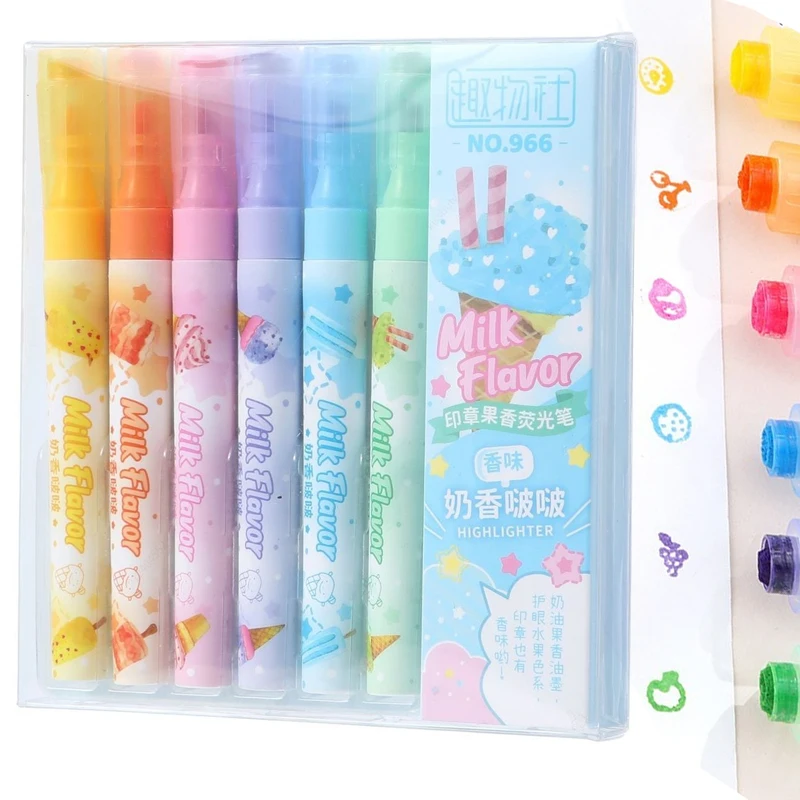 Colors Fun Stamp Seal Highlighter,Chisel Tip Marker Pen,6 Assorted Pastel Colors Fragrance Fluorescent for Kawaii Stationery