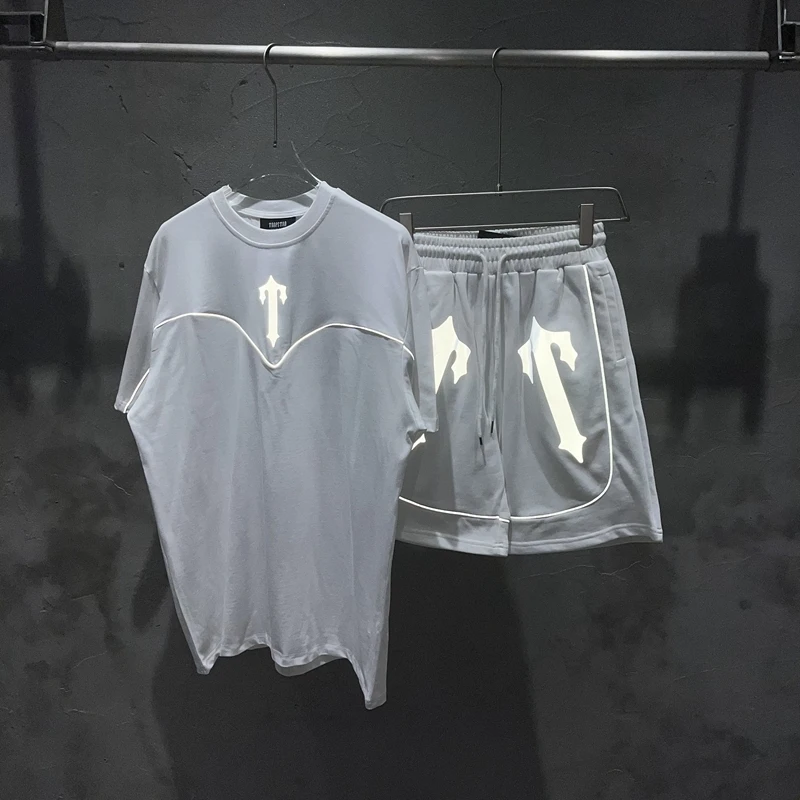 

Summer New Reflective Letter Print American High Street ort Sve ex Casual Five-Quarter Pants T-irt Set for Youth