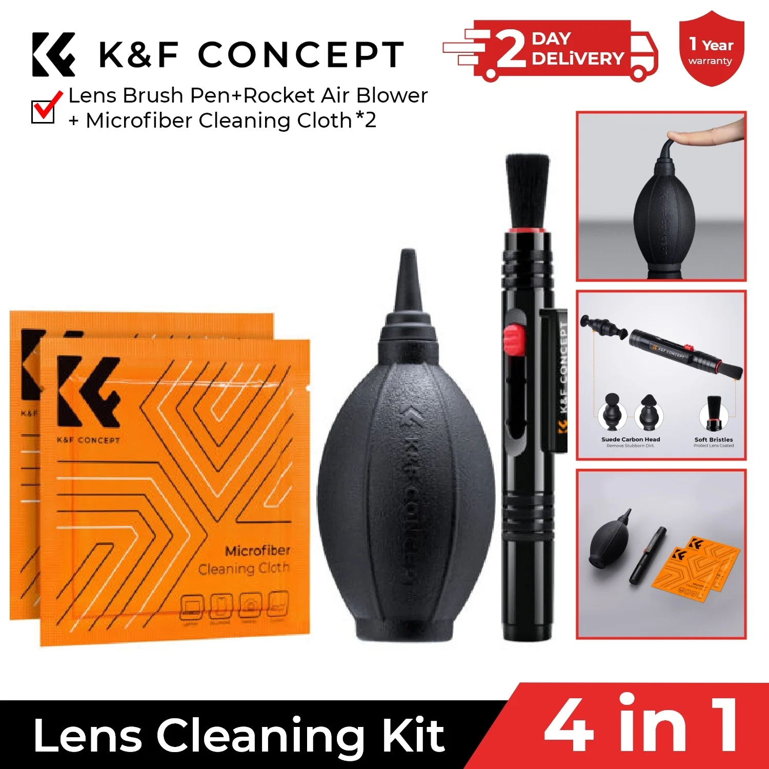 

K&F Concept 4 in 1 Camera Cleaning Kit with Lens Brush Pen Rocket Air Blower Microfiber Cleaning Cloth Phone Camera Lens Cleaner