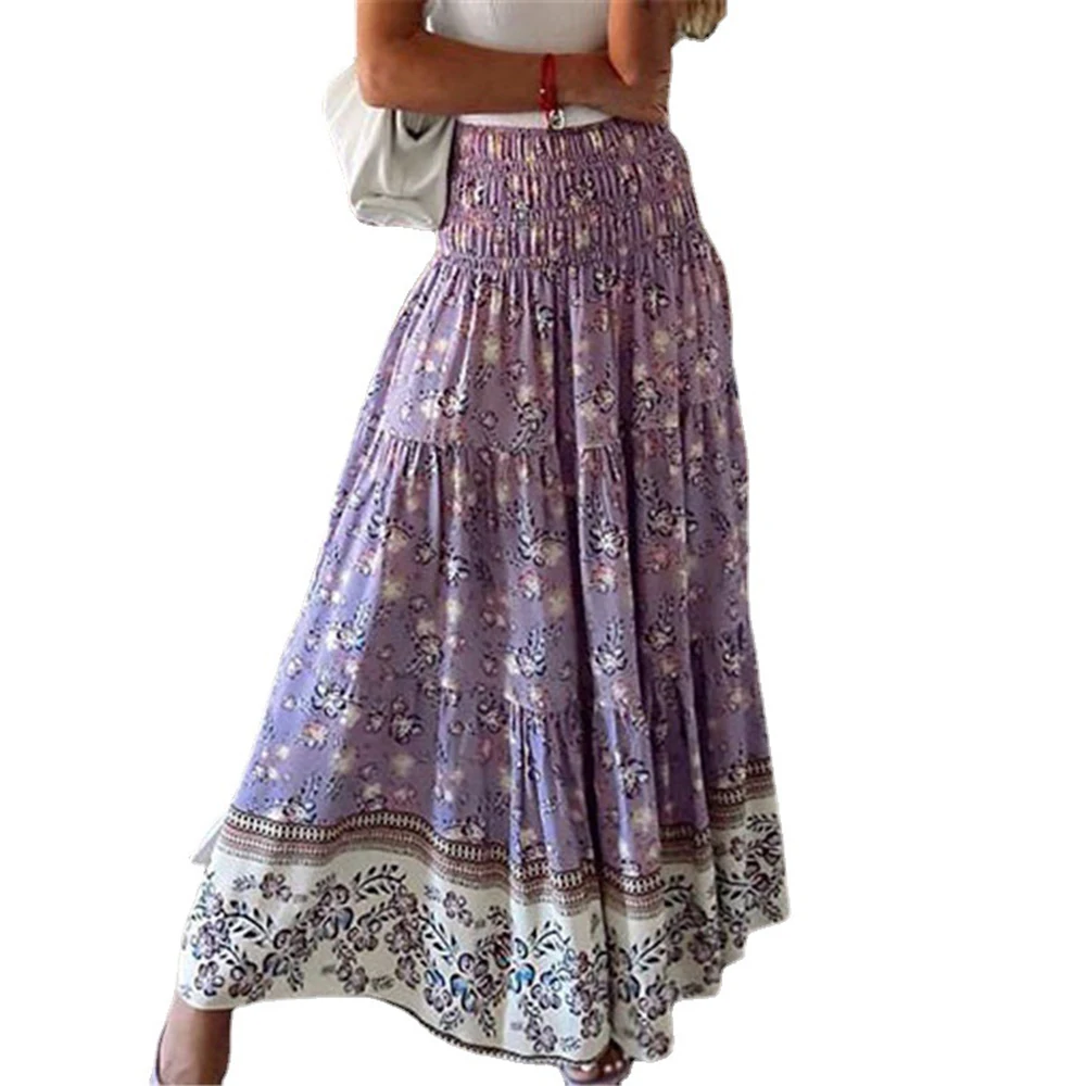 Boho Casual Drucken Maxi Rock Frauen Sommer Mode Sexy Hohe Taille Röcke Frauen 2021 Rosa Strand Floral A-line Lange Röcke femme