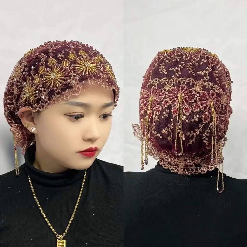 

Роскошные мусульманские хиджабы, женские сетчатые тканевые бусины, черная шляпа с ромбовидной вышивкой, универсальные шали-шали, великолепные африканские шапки