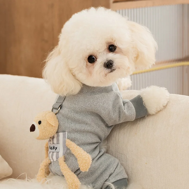 Pet Pocket Stereoscopic Bear Four-legged Suit Homewear Small and Medium-sized Winter Clothes Teddy Warm Jumpsuits