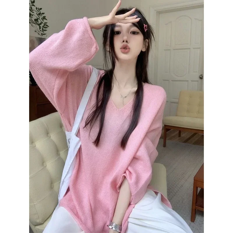 Pink V-Neck Sweater Women's Autumn/Winter 2024 New Arrival Loose-Fit Outerwear Medium-Length Hip Covering Base Layer Top