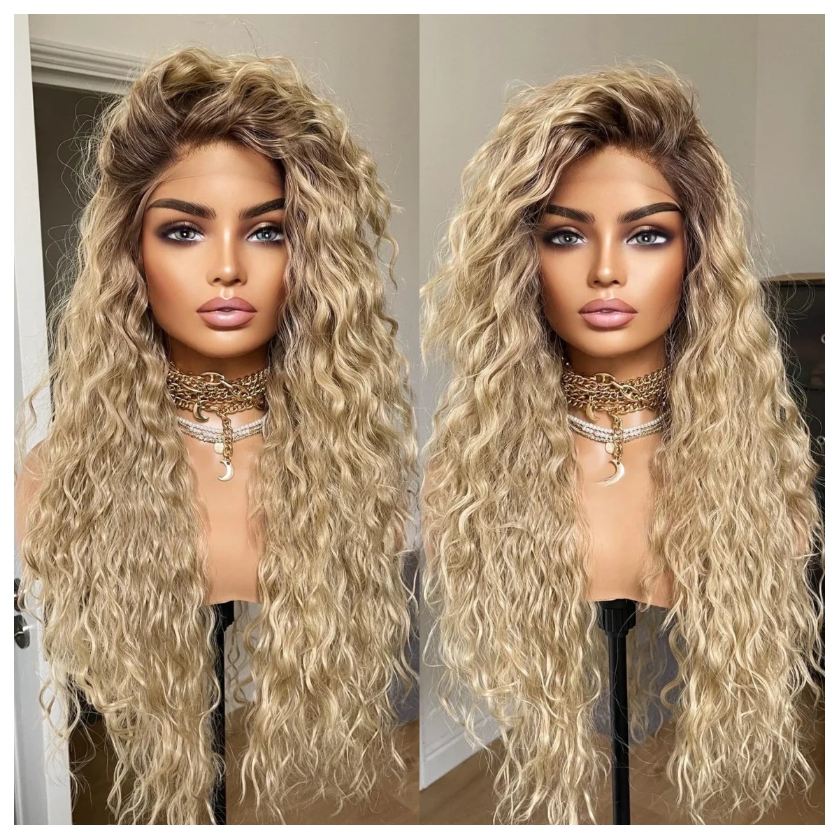 

Выделите Ombre Блондинка Вьющийся Парик Свободные Глубокие Волны Кружева Фронтальный Парик Синтетический Для Женщин 30 дюймов Мягкий Парик Для Косплея Термостойкий