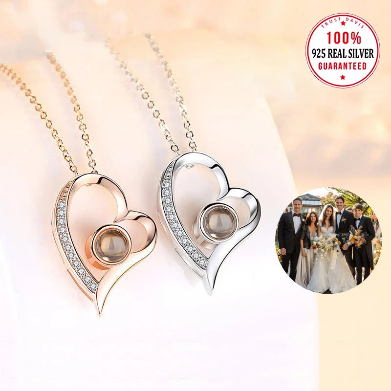 S925 Silvery Custom Color Photo Projection Zircon Heart Pendant Necklace For Mom Girlfriend Valentine Mother Day Romantic Gifts