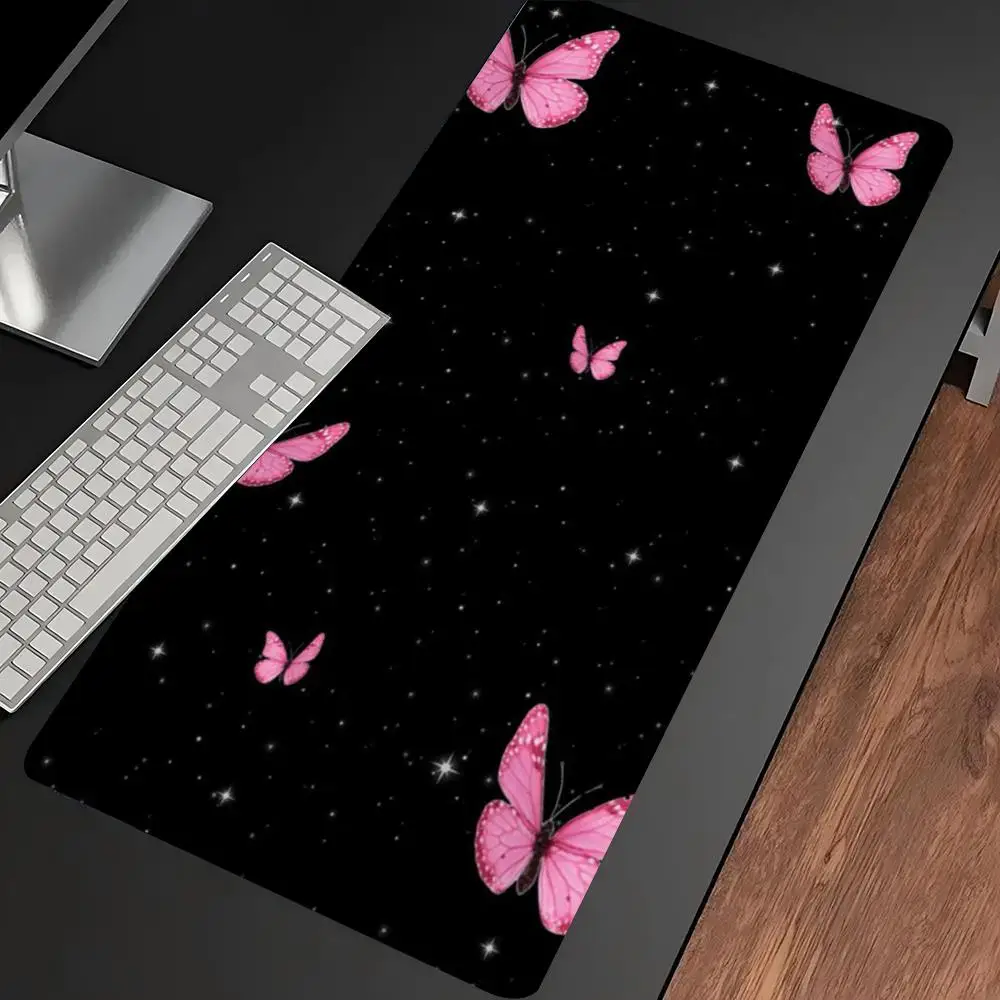 Pink Butterfly Starry Aesthetic Large Gaming Desk Mat Non Slip Rubber Stitched Edge Keyboard Mouse Pad E-Sport Office Daily Use