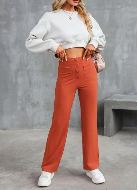 Casual High Waisted Straight Leg Pants with High Waisted Buttons Elastic Slim Fit with Multiple Pockets for Women\'s Commut Pants