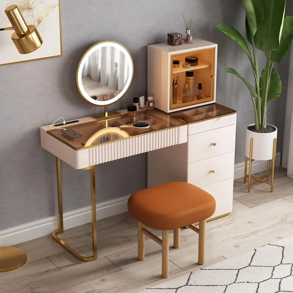 Premium Makeup Vanity Table, Storage Dressing Table,Vanity Desk,Dresser Set with Solid Wood upholstered Stool, LED Mercury Mirr