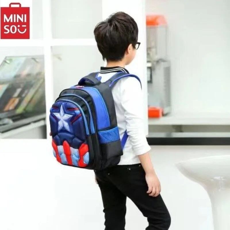 MINISO Kids Waterproof Nylon Backpack with Three Five-pointed Star Captain America Compartments Ideal for Students Ages 3-12