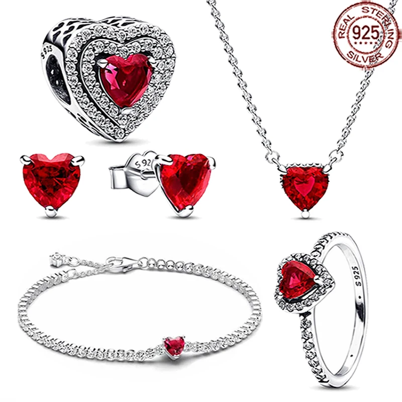 

Popular 925 Sterling Silver Brilliant Red Heart Series Set Fashionable Charm Women's Jewelry Five Piece Set 2024 New Year Gift