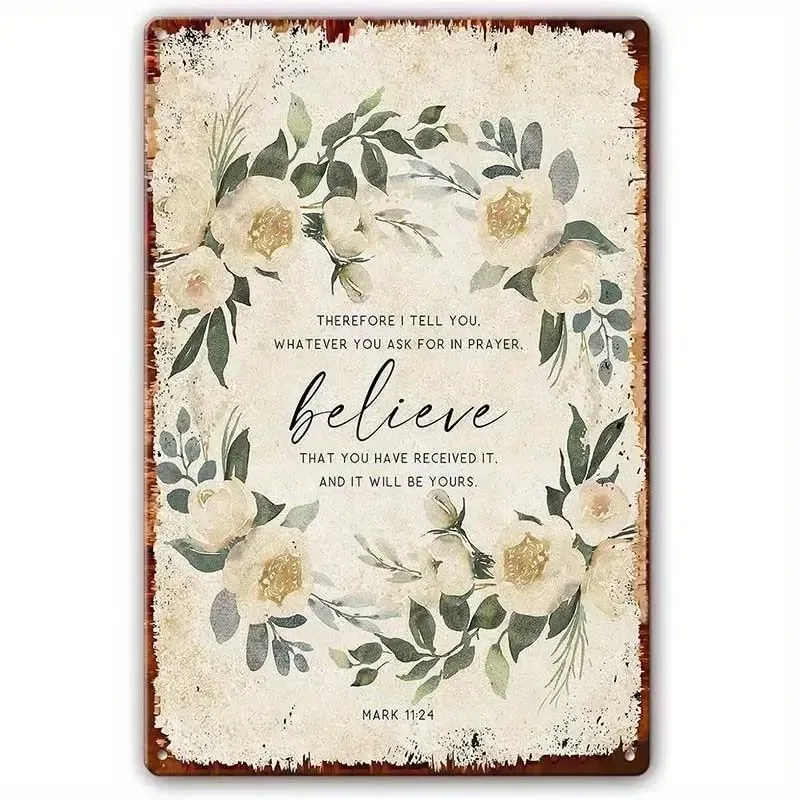 Décoration murale en métal de style vintage sur le thème chrétien, panneau en aluminium avec la citation de la Bible « Marc 11:24 », orné d’un motif de couronne et du mot « Foi ».