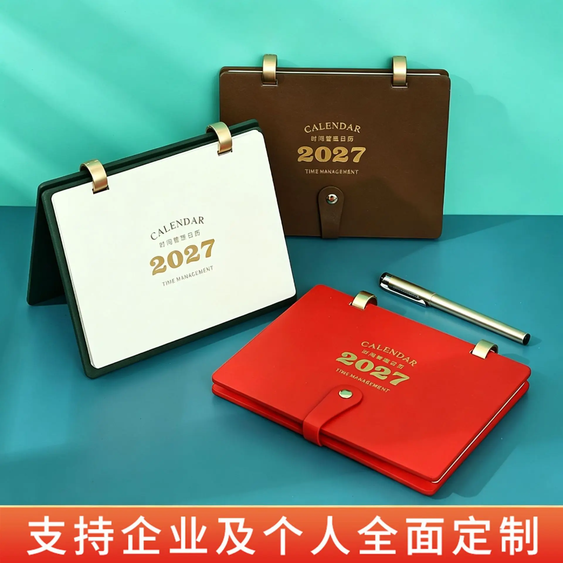 2027 Leather Desk Calendar Planner with Gift Box and Pen, 27 Sheet Monthly Organizer, Business Desktop Standing Calendar for