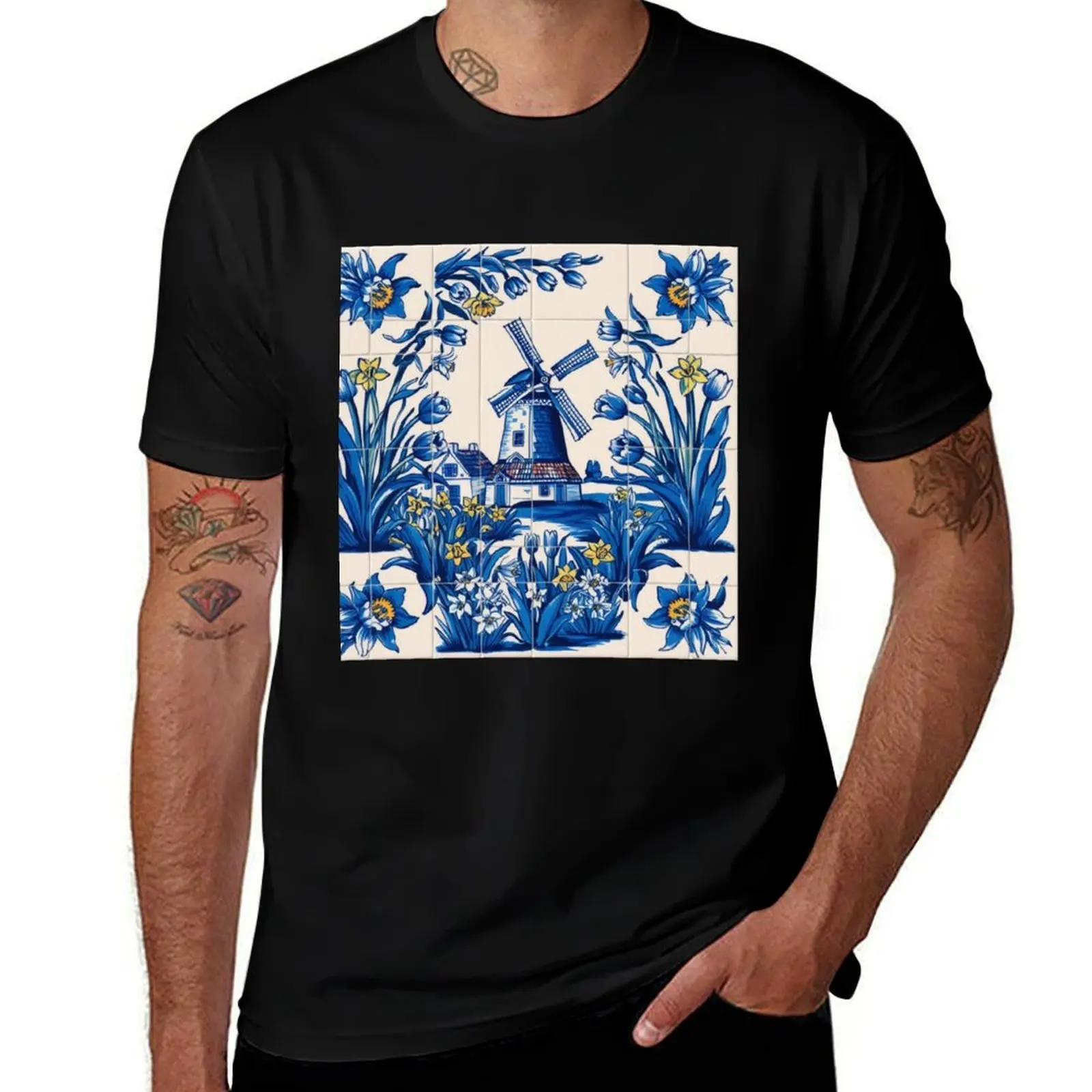 

Chinoirie blue and white vintage Dutch windmill pattern T-Shirt boys whites vintage graphic tee men graphic t shirts