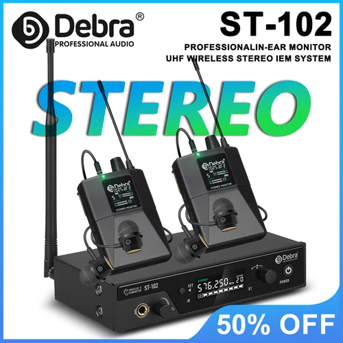 Debra ST-102 Sistema de monitorización intrauditiva inalámbrico estéreo profesional, UHF con Bluetooth 5.0, para escenario, baterista, estudio de grabación
