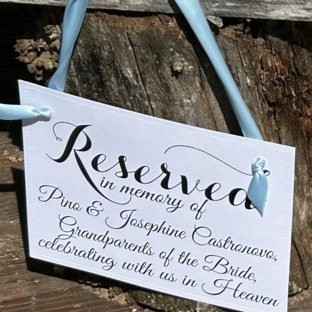 

Personalized Memorial Wedding Chair Banner "Reserved In Memory Of Name Celebrating With Us In Heaven" Seat Sign for grandparent