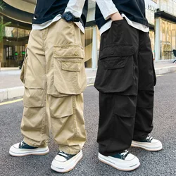 Teenage Boys Wide Leg Cargo Straight Leg Pants Children Trousers 2024 Spring New Feet Draw Rope Two Wear Casual Pockets Pants