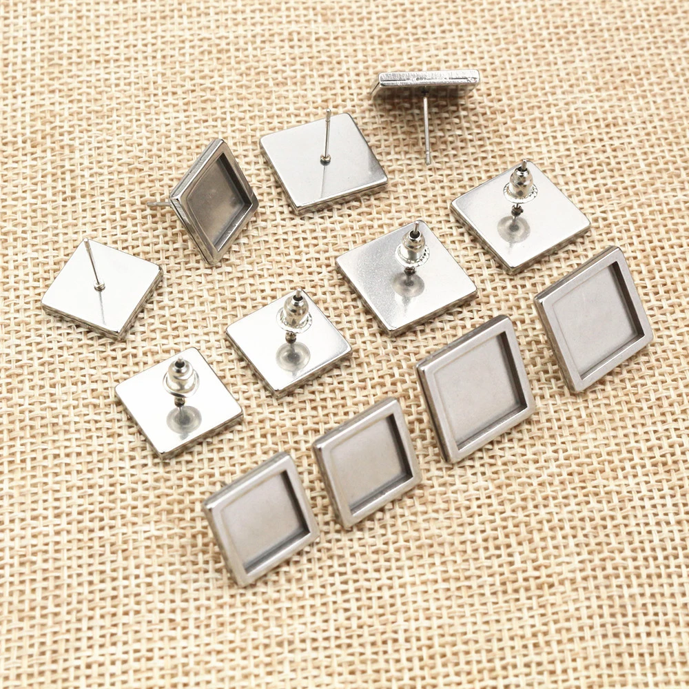 10 szt. 10/12mm rozmiar wewnętrzny ze stali nierdzewnej kwadratowe kolczyki z pustą podstawą grube kolczyki tace kaboszon DIY biżuteria
