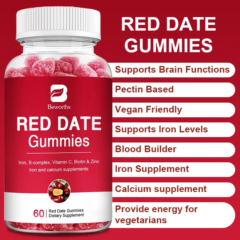 

BEWORTHS Red Date Gummies Витамин B, C и комплекс цинка помогает облегчить усталость, здоровье крови для женщин, детей, взрослых, поддерживает энергию