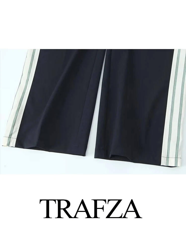 TRAFZA 2024 Spring New Female Stripes Lapel Short Sleeves Buttons Shirt Top + Lace Up Elastic Waist Woman Wide Leg Long Pant