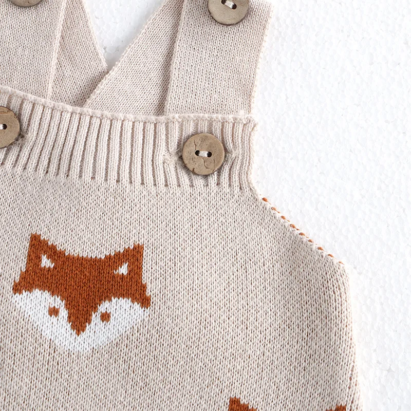 MiniAinis Autumn Winter New Baby Knitted Cotton Overalls Girls Fox Pattern Jumpsuit Boys Knit Sleeveledd Romper Newborn Clothes