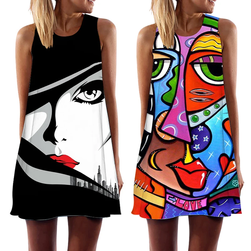 2023 Summer Women Vest Dress Sleeveless Abstract Face Art Printed O-Neck Mini Dresses for Female Casual Sweet A-Line Vestidos