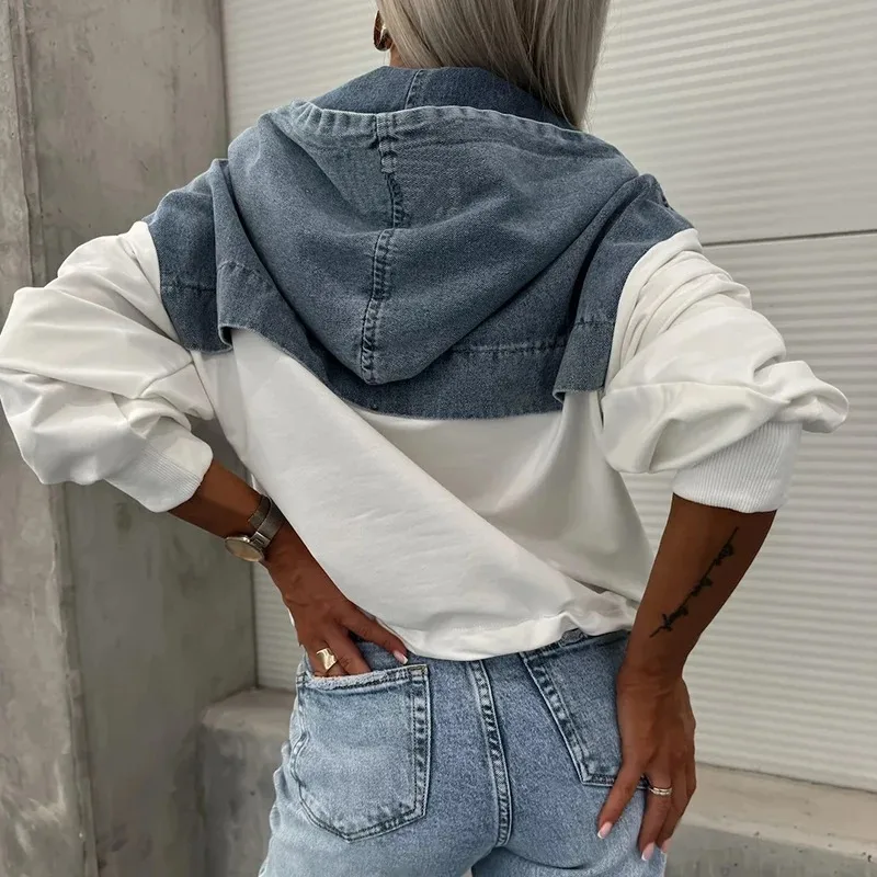 Elegant Women Denim Female Hoodie Sweatshirt 2024 Fashion Stitching Drawstring Hooded Ins High Street Jeans Long Sleeve Hoodie