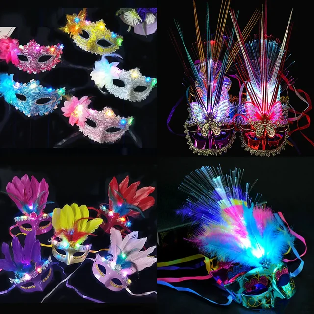 10szt LED Light Up Feather Masquerades Venetian Mask Costume Birthday Party Headband Eye Glasses Glow Party Wedding Festival