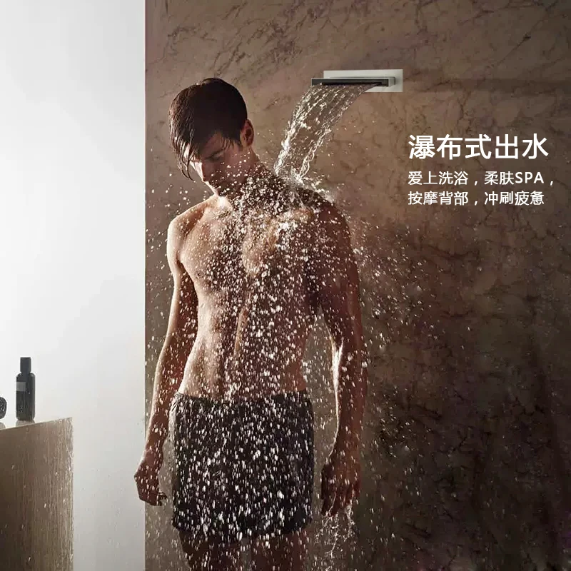 White constant temperature wall mounted waterfall shower with hidden embedded full copper canopy shower set