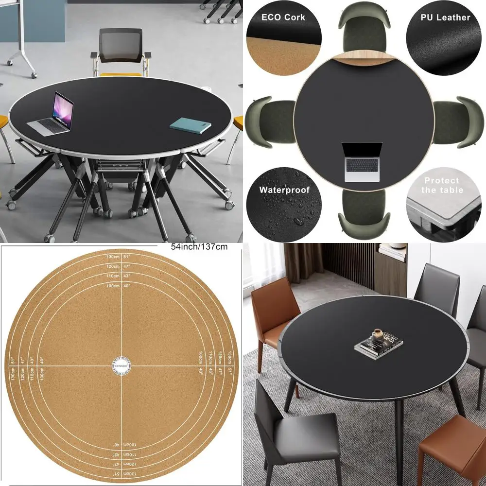 

Round Table Mats - 54/51/47/43/40 Inches Cork Leather Placemats for Side Dining or Coffee Tables - Cuttable Black