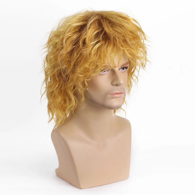 Short blonde curly mullet style, golden-brown with dark roots, 70s 80s rock wig