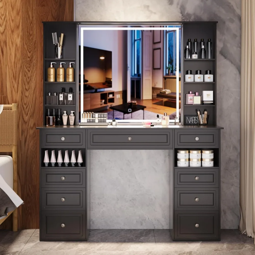 Black Vanity Desk with Lighted Mirror, Large Storage Makeup Vanity with 9