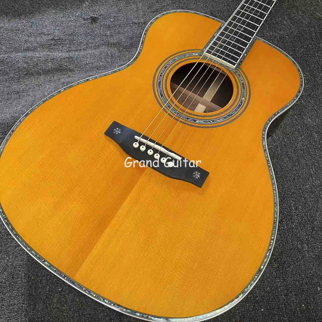 Custom OM Body M Style OM-45 SOLID ROSEWOOD Back Side Acoustic Guitar Yellow Painting, Customized LOGO