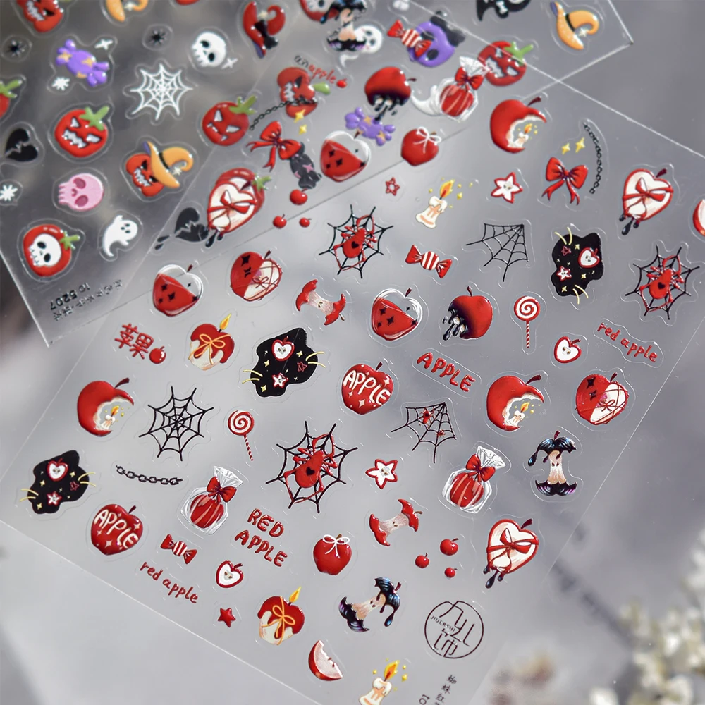 Rotes Spinnennetz, süßes Halloween, 5D-Nagelkunst-Aufkleber, Süßigkeiten, Mais, Apfel, verspielte Schleife, Glitzer, Stern, lustig, festlicher Nagel-Maniküre-Aufkleber