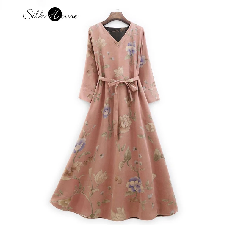 2023 Women's Fashion New 60MM Hand Painted Transparent Natural Mulberry Silk Fragrant Cloud Gauze Falling Shoulder Sleeve Dress