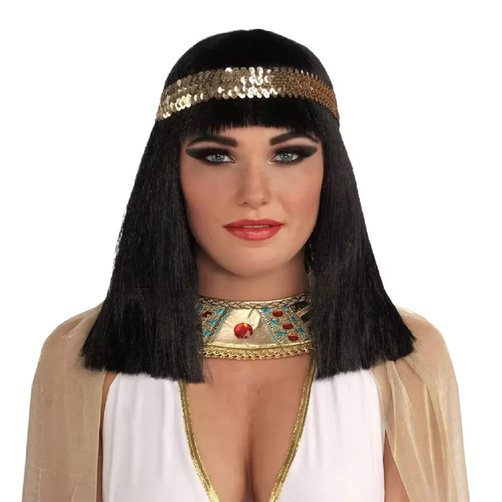 14Inch Synthetic Egypt Queen Cleopatra Wig Short Straight Black Hair with Bangs Halloween Party Carnival Cosplay Wigs