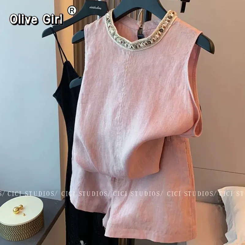 

Комплект из двух предметов Olivegirl: розовый этнический льняной костюм с вышивкой и бисером, женская одежда, летний облегающий топ и шорты, корейский стиль, коллекция 2026