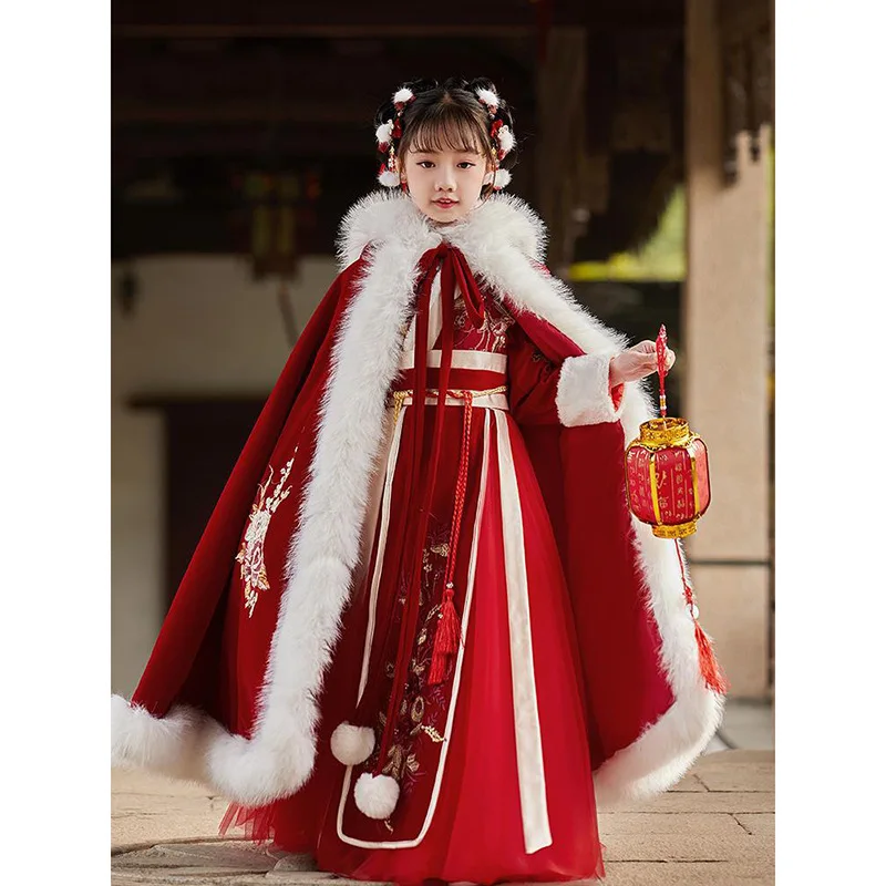 Ancient Chinese Style Hanfu for Girls Spring Red Thickened Children Tang Suits Top Skirt Cloak Costumes Fairy Outfits Full Sets