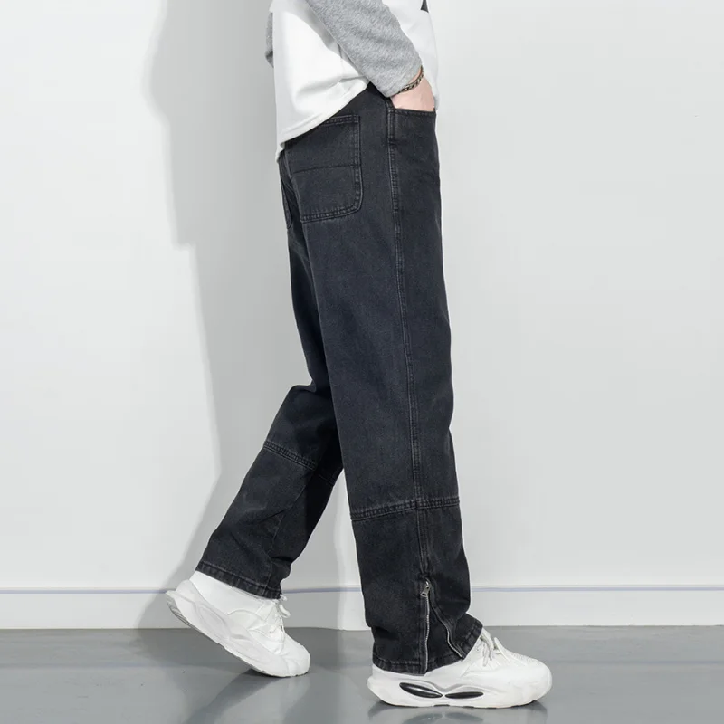 새로운 트렌디 브랜드 십대 남성용 청바지 패션 캐주얼 루즈핏 스트레이트 레그 워싱 스플라이스 데님 팬츠