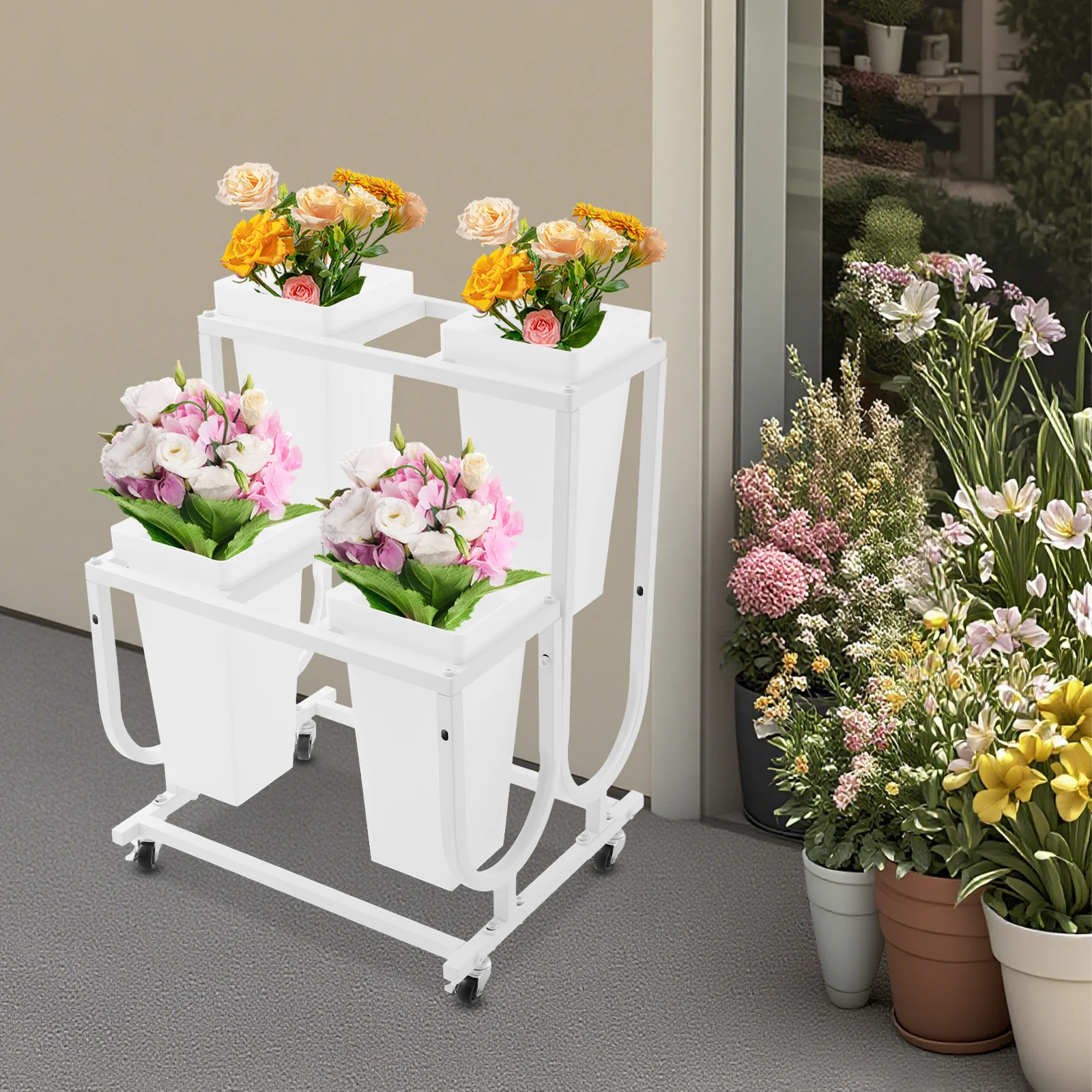 Espositore per fiori a 4 secchi a doppio livello, robusta struttura in metallo con ruote e freni lisci, design moderno bianco/nero per la casa