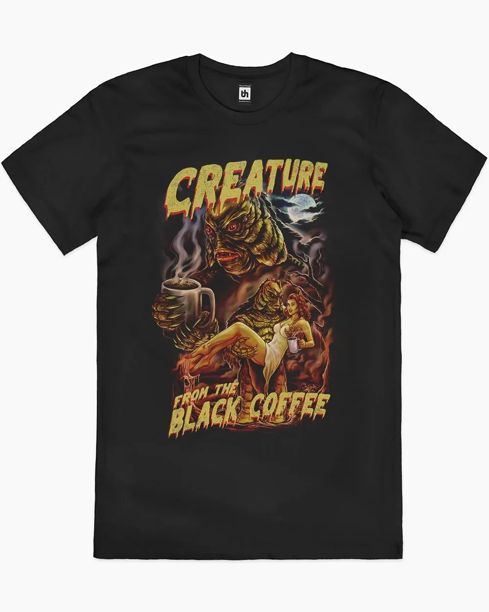 

Retro Horror Creature Cotton T Shirt Black Coffee Graphic for Trendy Outfits and Coffee Enthusiast Halloween Tee All Saints' Day