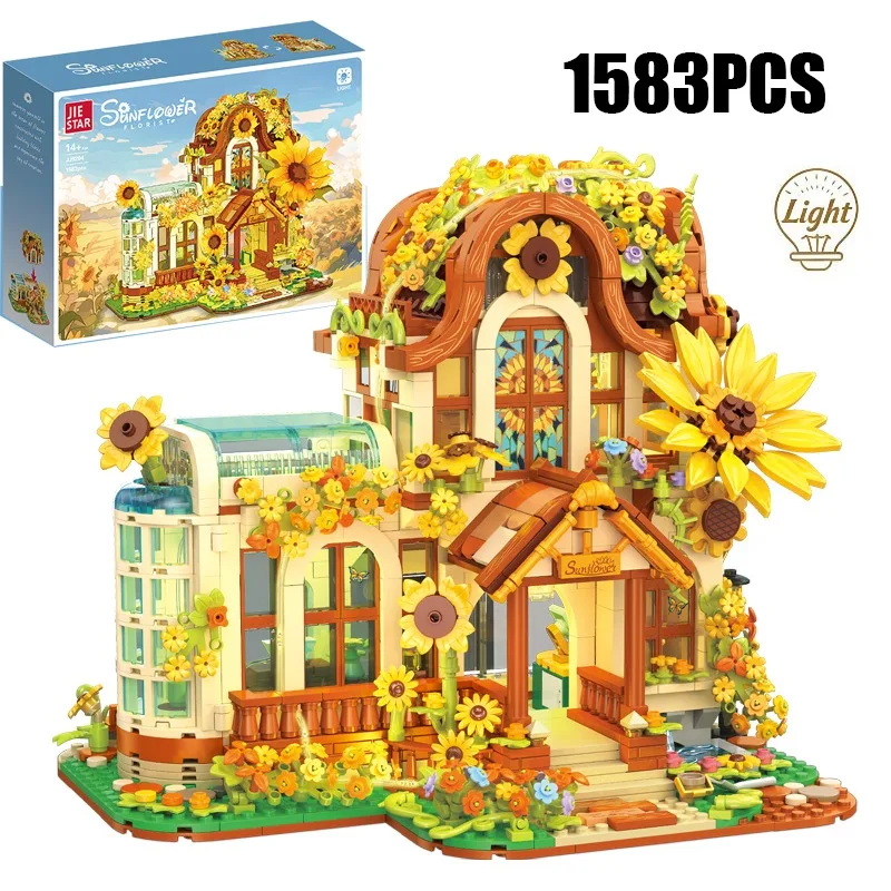 

1583PCS Creative Sunflower Flower Shop Model Building Blocks With LED Light Exquisite Collectibles Construction Bricks Toy Gift