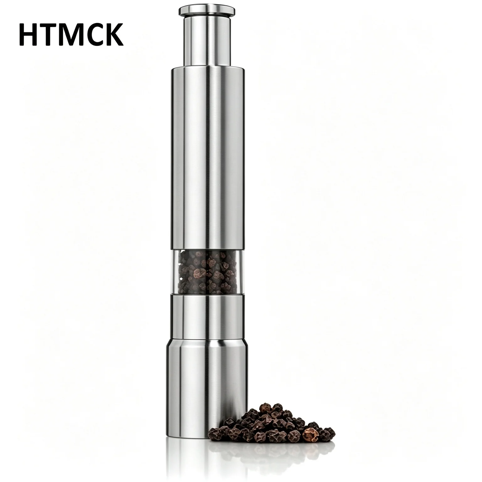 HTMCK One Hand Manual Pepper Grinder, Stainless Steel Salt Mill, Push-Type Black Peppercorn Grinder for Sea Salt Spices, Kitchen