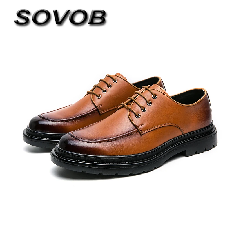 

Vintage Brown Formal Shoes For Men Non-Slip Platform Men's Leather Social Shoes Comfortable Lace-Up Casual Business Shoes Male