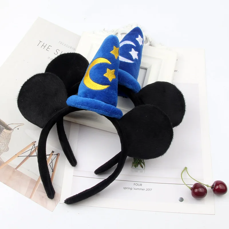 Disney-Diadema con orejas de Mickey Mouse para niños, accesorios para el cabello para fiesta de Cosplay, con lazo, Estrella y luna de dibujos